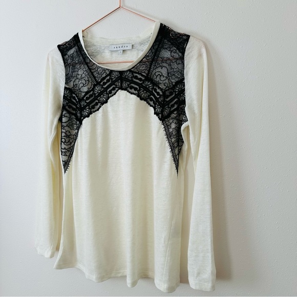 Sandro white linen black floral lace long sleeve T-shirt blouse top - Picture 7 of 10